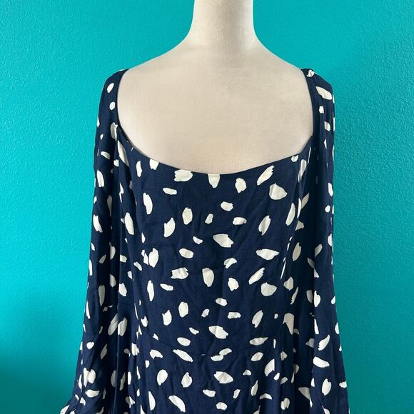 Reformation Sigmund Dress Blue & White Squared Neck Slit Long Sleeve Midi Sze 22 - Picture 4 of 9